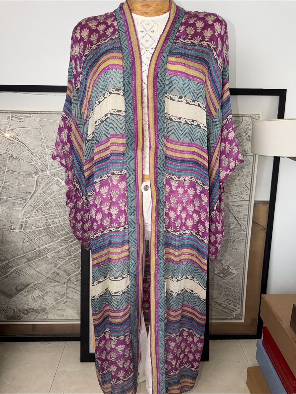 Mes Demoiselles Purple Teal Gold Striped Floral Scarf - Picture 5 of 9